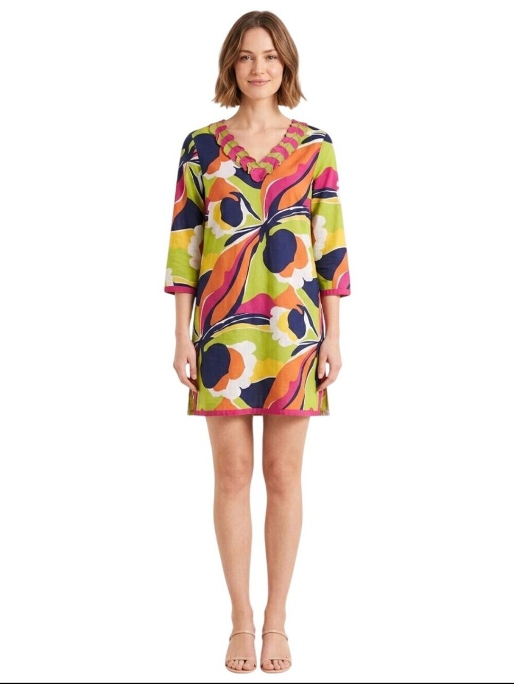 Boden Multicolor Floral Tunic Dress With 3/4 Sleeves Decorative Neckline Size 4